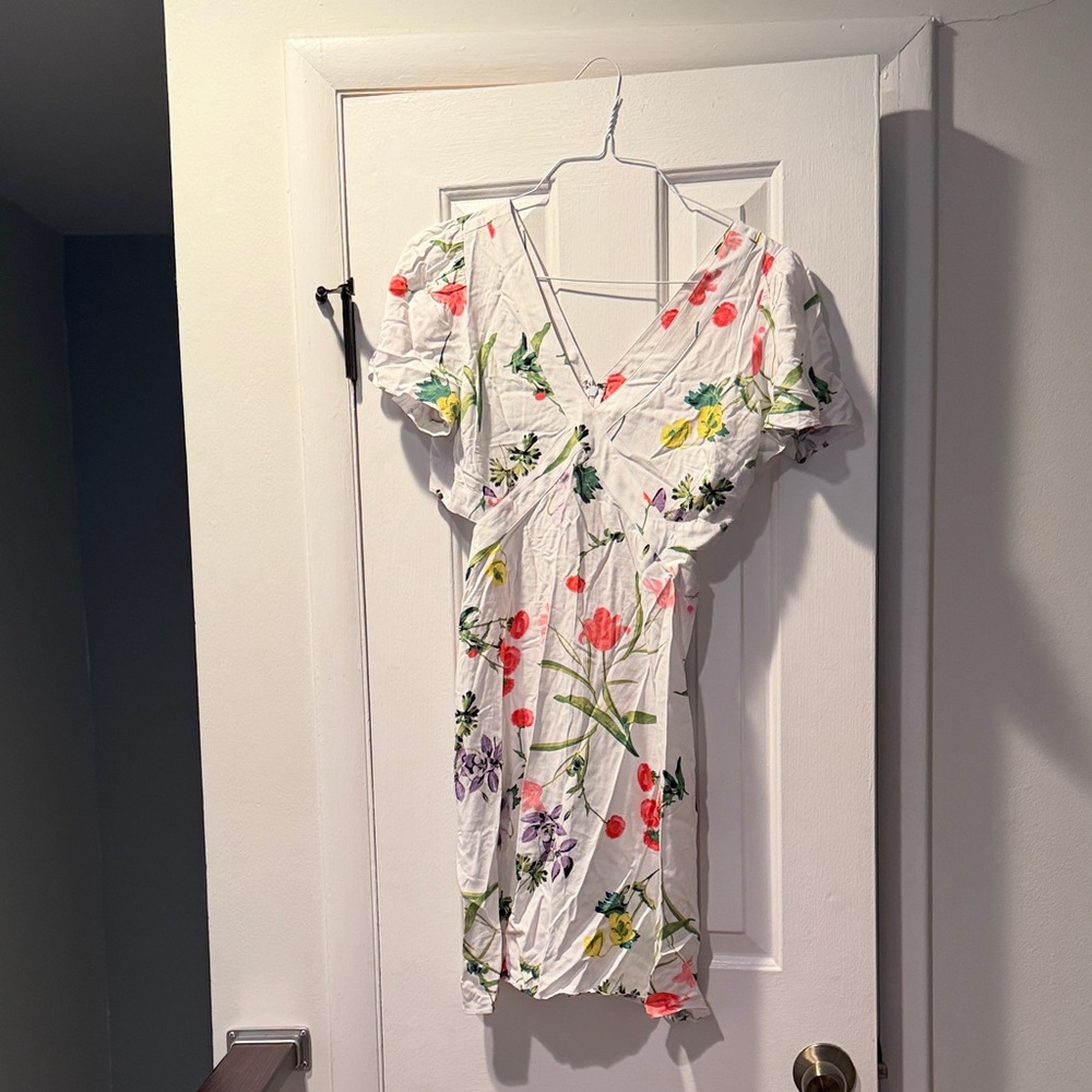 LOFT White Floral V-Neck Mini Dress with Multicolor Print